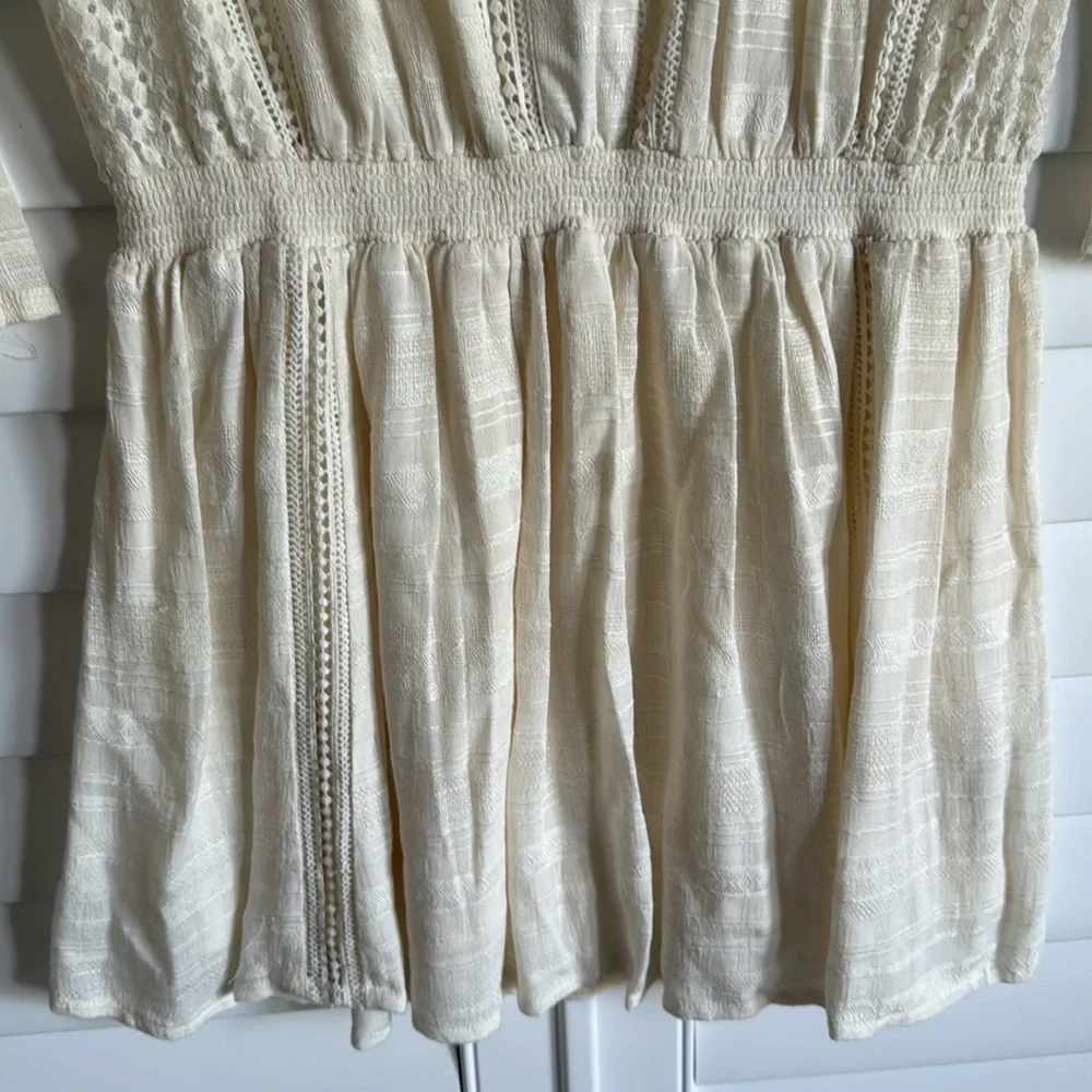 NWT FREE PEOPLE Women's White 'NOMAD' Peasant Boho Pintucked Mini Dress‎ Xs